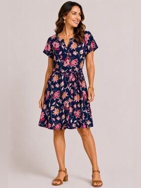 LOFT Navy Fit Flare Dress Pink Coral Blossom NWT Sleeveless Spring Party 6
